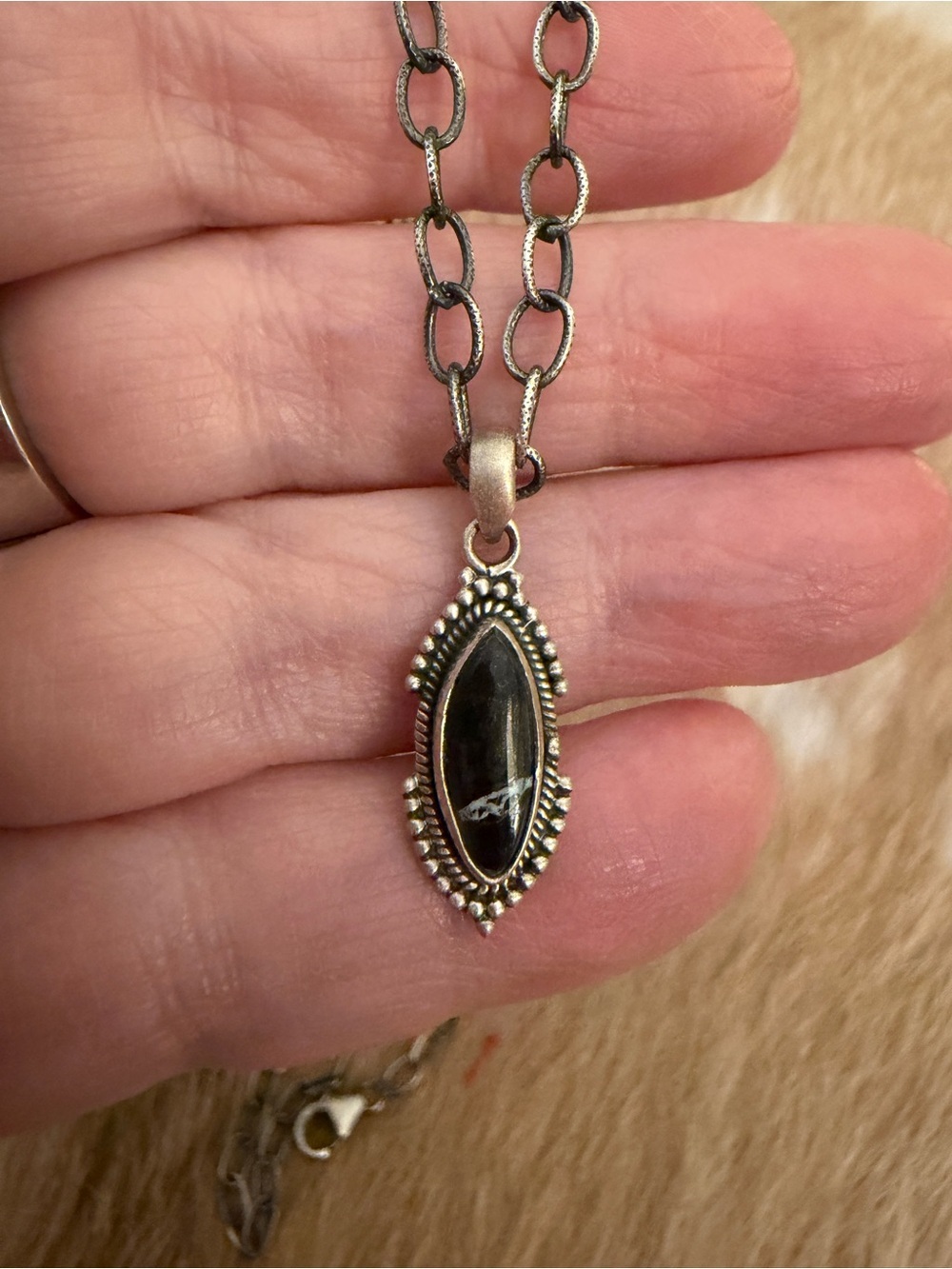 ❤️ Black Jack Turquoise MarquisePendant Navajo Style Sterling 925 Unisex 1.03”L